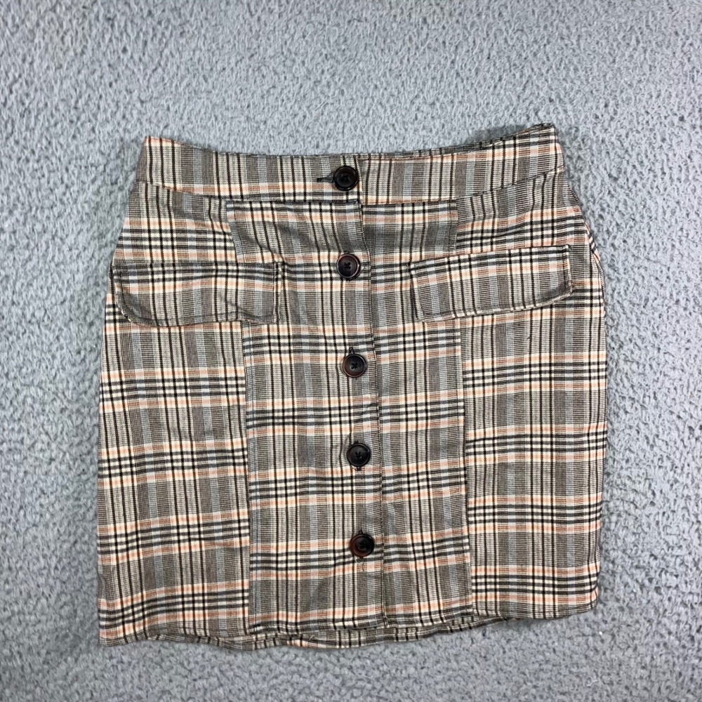 Urban Outfitters Plaid Mini‎ Skirt XS Brown Button Front Tartan Office Siren